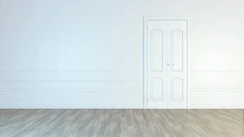 Modern white door. Grey wall with free space. Minimalist bright interior. 3d Stock Illustration