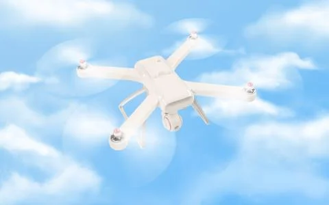 Modern white drone hovering in a bright blue sky. 3D . Stock Illustration