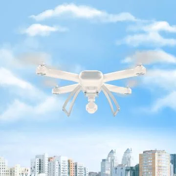 Modern white drone hovering in a bright blue sky. 3D . Stock Illustration