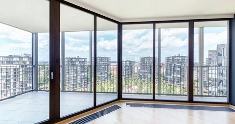 Modern white empty loft apartment interior and panoramic windows Stock Footage 102945123