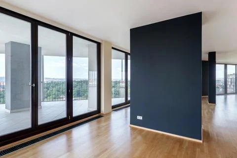 Modern white empty loft apartment interior with parquet floor with black colu Stock Photos