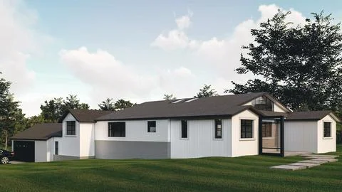 Modern White Farmhouse Architectural Rendering on Green Lawn Stock Illustration