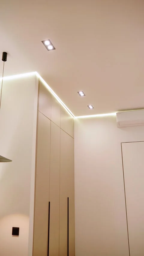 Modern White Interior with Concealed Perimeter LED Lighting Stock Footage 342861410