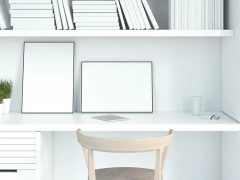 Modern white interior with two blank picture frames. 3d rendering Stock Photos