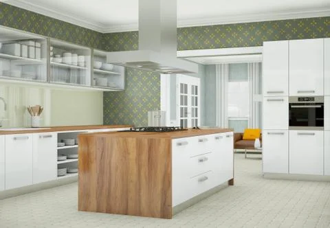 Modern white kitchen in a flat with beautiful design Stock Illustration