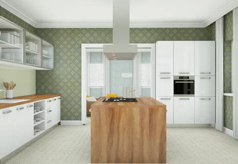 Modern white kitchen in a flat with beautiful design Stock Illustration