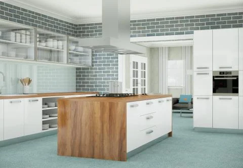 Modern white kitchen in a flat with beautiful design Stock Illustration