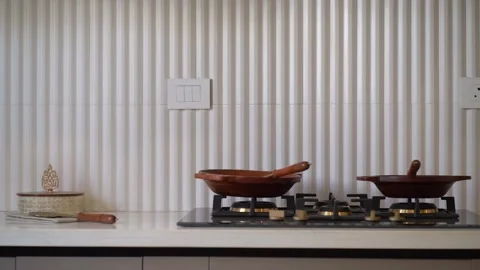 Modern white kitchen interior with textured backsplash. Stock-Footage 330240030