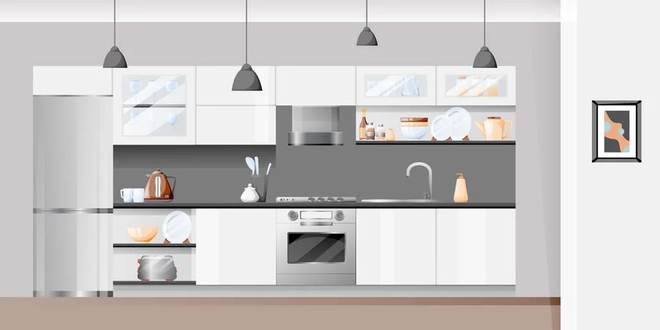 Modern white kitchen interior. Vector flat cartoon illustration. House furnit Stock Illustration