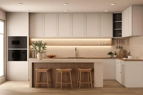Modern white L-shaped kitchen with wooden island and bar stools. Stock Illustration