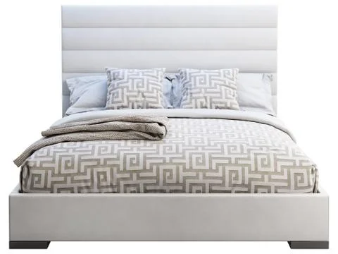 Modern white leather frame double bed with ornate bed linen and plaid. 3d ren Stock Illustration