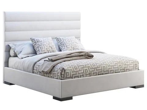 Modern white leather frame double bed with ornate bed linen and plaid. 3d ren Stock Illustration