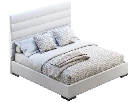 Modern white leather frame double bed with ornate bed linen and plaid. 3d ren Stock Illustration