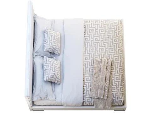 Modern white leather frame double bed with ornate bed linen and plaid. 3d ren Stock Illustration