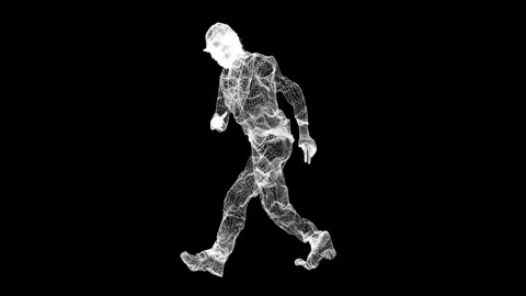 Modern white logo of a walking man on a black background. Video stock 302168902