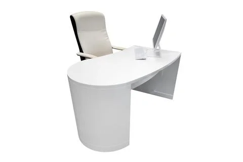 Modern white office desk with computer and chairs isolated on white backgroun Stock Photos