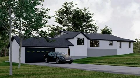 Modern White Ranch House Architectural Rendering with Luxury Car Illustrazione stock