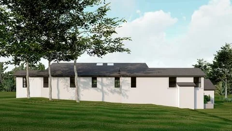 Modern White Ranch House CGI Architectural Rendering Stock Illustration