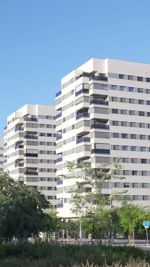 Modern White Residential Tower With Stepped Balconies, Madrid Stock Footage 336861080