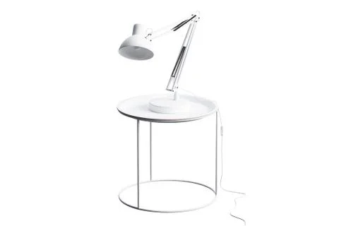 Modern white round coffee table with lamp on thin legs and round base. 3d ren Stock Illustration