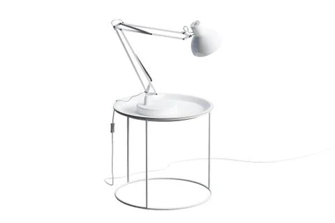 Modern white round coffee table with lamp on thin legs and round base. 3d ren Stock Illustration
