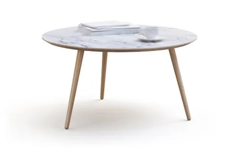Modern white round coffee table on thin legs and marble countertop. 3d render Stock Illustration