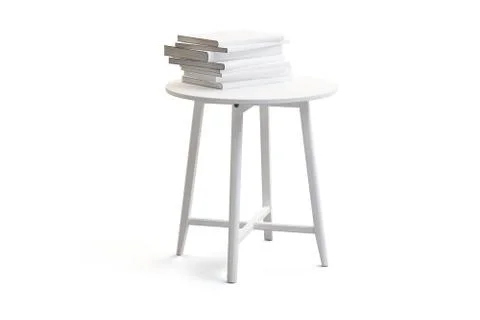 Modern white round coffee table with books on thin legs. 3d render Stock Illustration