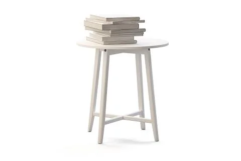 Modern white round coffee table with books on thin legs. 3d render Stock Illustration