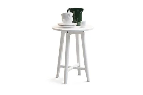 Modern white round coffee table with tableware on thin legs. 3d render Stock Illustration