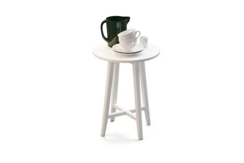 Modern white round coffee table with tableware on thin legs. 3d render Stock Illustration