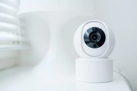 Modern white security camera on a table by a window. Suitable for security Stock Photos