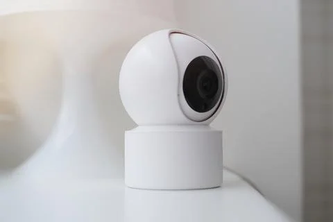 Modern white security camera on a table by a window. Suitable for security Stock Photos