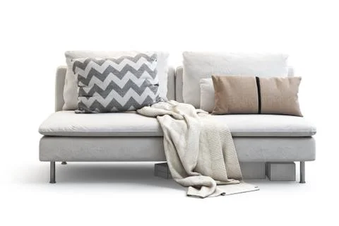 Modern white textile sofa with pillows and plaid. 3d render Stock Illustration