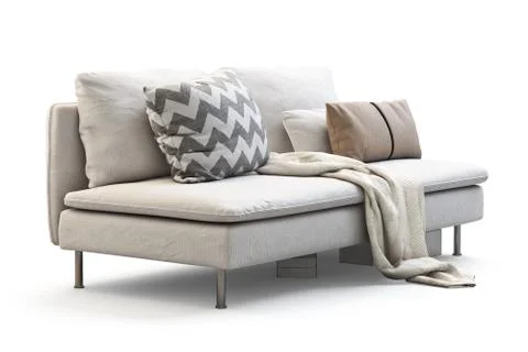 Modern white textile sofa with pillows and plaid. 3d render Stock Illustration