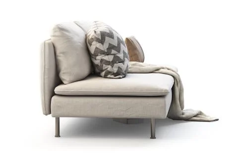 Modern white textile sofa with pillows and plaid. 3d render Stock Illustration