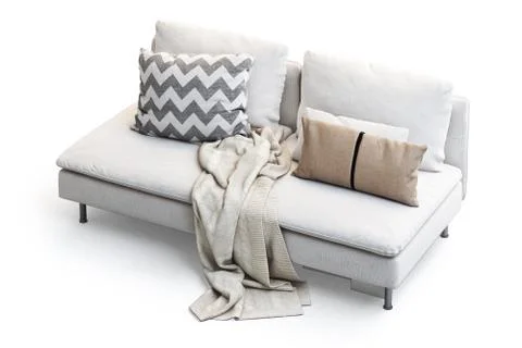Modern white textile sofa with pillows and plaid. 3d render Stock Illustration
