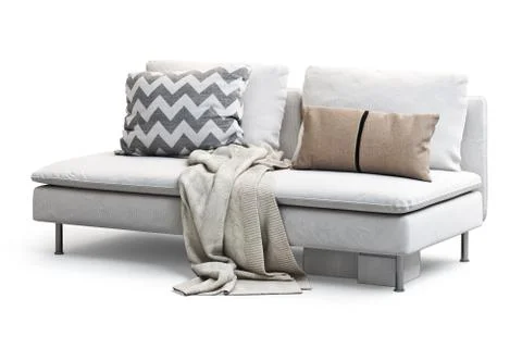 Modern white textile sofa with pillows and plaid. 3d render Stock Illustration