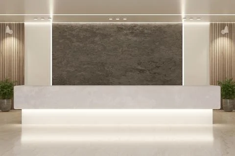 Modern white textured reception desk dark wall wood panels plants lighting Stock Illustration