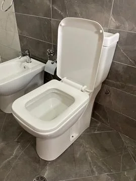 Modern white toilet with open lid and bidet next to it in clean bathroom Stock Photos