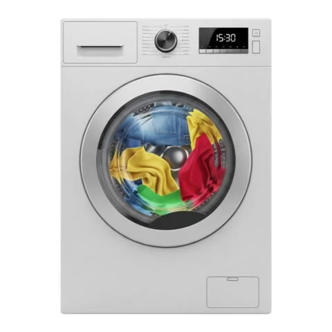 Modern white washing machine washing colorful clothes in a drum Stock Footage 341949679