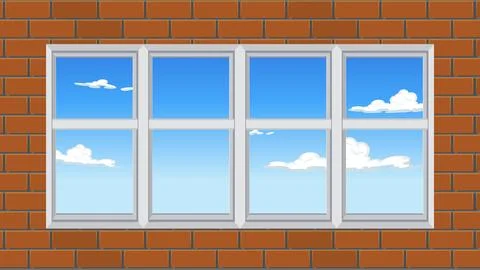 Modern White Window Frame on Red Brick Wall with Blue Sky Ilustración de archivo
