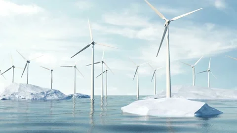 Modern Wind Farm in the middle of the Ocean with Icebergs Vídeos de archivo 162672033
