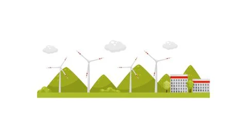 Modern wind power station. Windmill energy. Turbines, buildings and green hills Ilustración de archivo