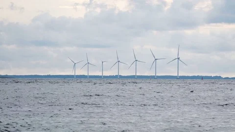 Modern Wind Turbines Farm in the Baltic Sea Stock Footage 83255050