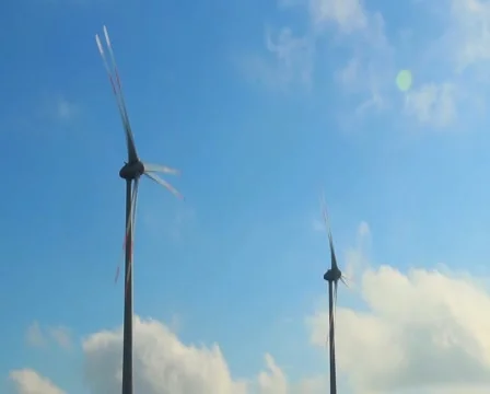 Modern windmills timelapse, source of natural energy wind blows, click for HD Stock Footage 43911886