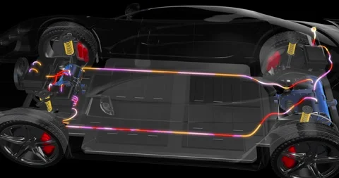 Modern wireframe electric car internal parts are visible. Charging battery. Stock Footage 300892302