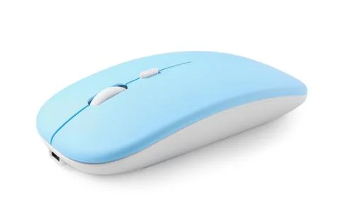 Modern wireless blue computer mouse on white background Stock Photos