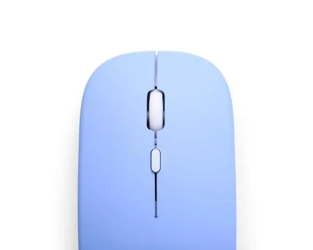 Modern wireless blue computer mouse on white background Stock Photos