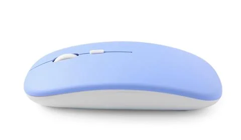 Modern wireless blue computer mouse on white background Stock Photos