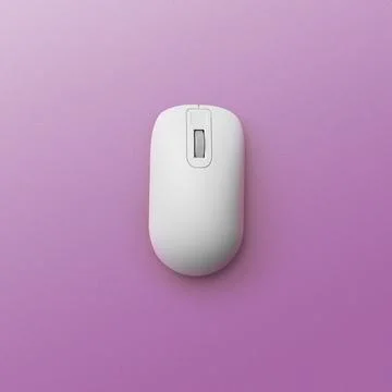 Modern wireless computer mouse on lilac background, top view Foto stock